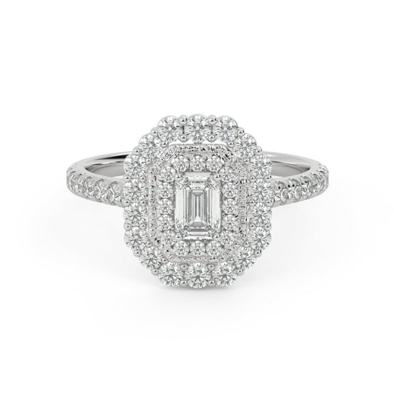 AFFY Double Halo Cluster Engagement Rings for Women, 4.5x3mm Emerald and Round Cut Lab Created Moissanite Ring in 10K Solid Rose Gold Size-10