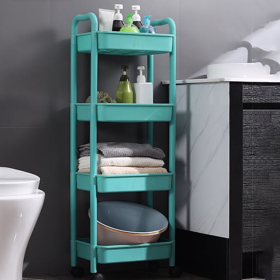 Btomtd Multi-Layer Mobile Cart with Wheels for Kitchen Storage, Toiletries Organizer Rack with Armrests, Bathroom and Home Storage Cart Shelf 15"W x 10"D x 41"H, 4-Tier, Green