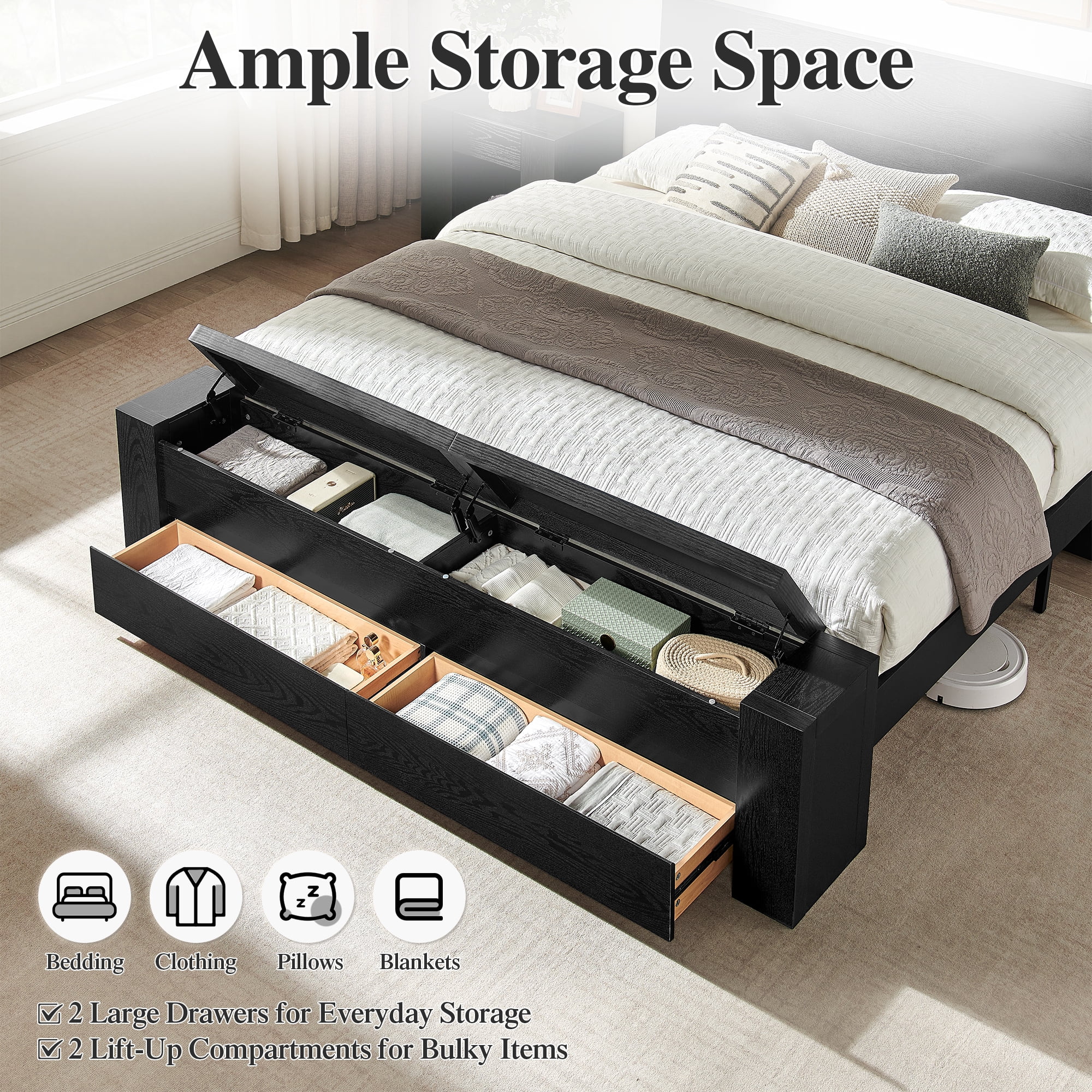 KeyWhat Modern King Size Storage Bed Frame with Panel Headboard, Footboard Storage Bench, Built-In Drawers, Lift-Up Compartments, No Box Spring Needed, Black Oak