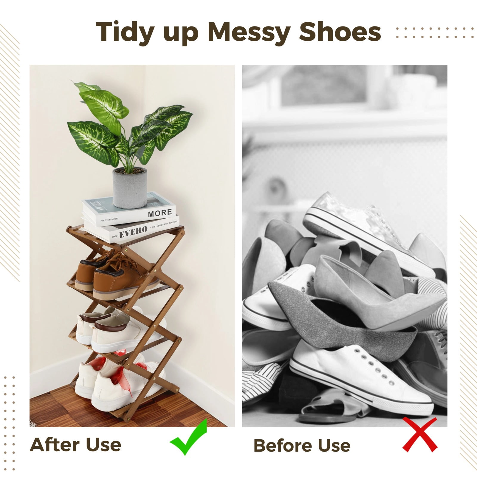 4-Tier Vertical Foldable Shoe Rack, Space-Saving Wood Rack Organizer, No Installation Required, Narrow Design for Entryway, Closet, and Living Room, 21 x 9.5 x 9.5 in Brown