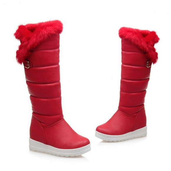 EGNMCR Women's Winter Snow Boots, Winter Boots for Women Women Metal Buckle Thick Fleece Slip-on Platform Mid-heel Solid Color Winter Warm Knee High Snow Women Shoes