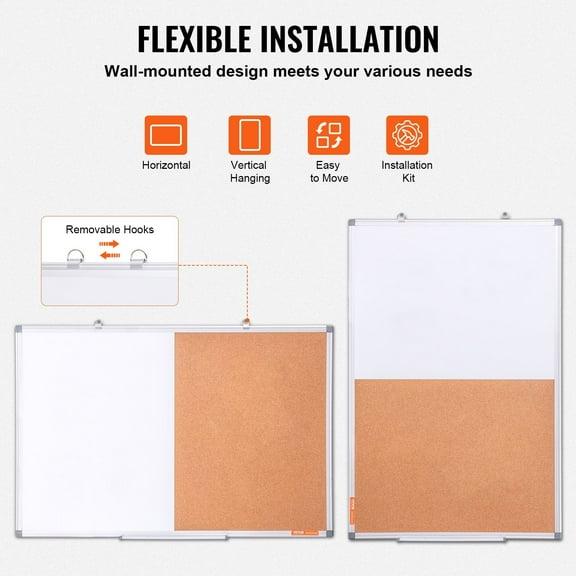 36"x24" Whiteboard Cork Board Combination with Durable Aluminum Frame - Wall Mount for School, Office, Home Productivity
