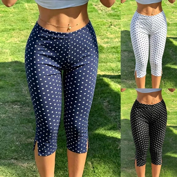 Zulora Women's Summer Polka Dot Capri Pants Elastic Waist with Side Slit Slim Fit Cropped Trousers Casual Stretch Leggings for Yoga Running Hiking Outdoor Activities Breathable Comfortable Design