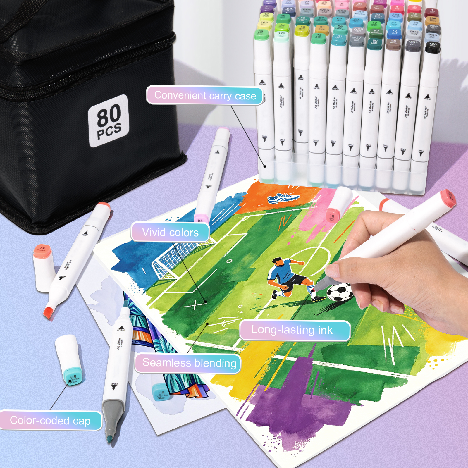 Rongyman 80-Color Alcohol Markers Dual Tip Set photo 5
