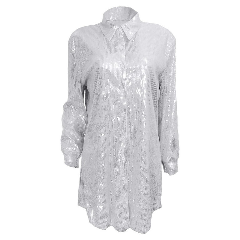 SCSAlgin Women's Glitter Sequin Button Down Shirt Dress Long Sleeve Lapel  Concert Party Clubwear Trendy Mini Dress - Walmart.com