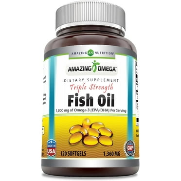 Amazing Omega Triple Strength Fish Oil (Omega-3, EPA/DHA) 1360 Mg Per Serving 120 Softgels Supplement  | Non-GMO | Gluten-Free | Made in USA