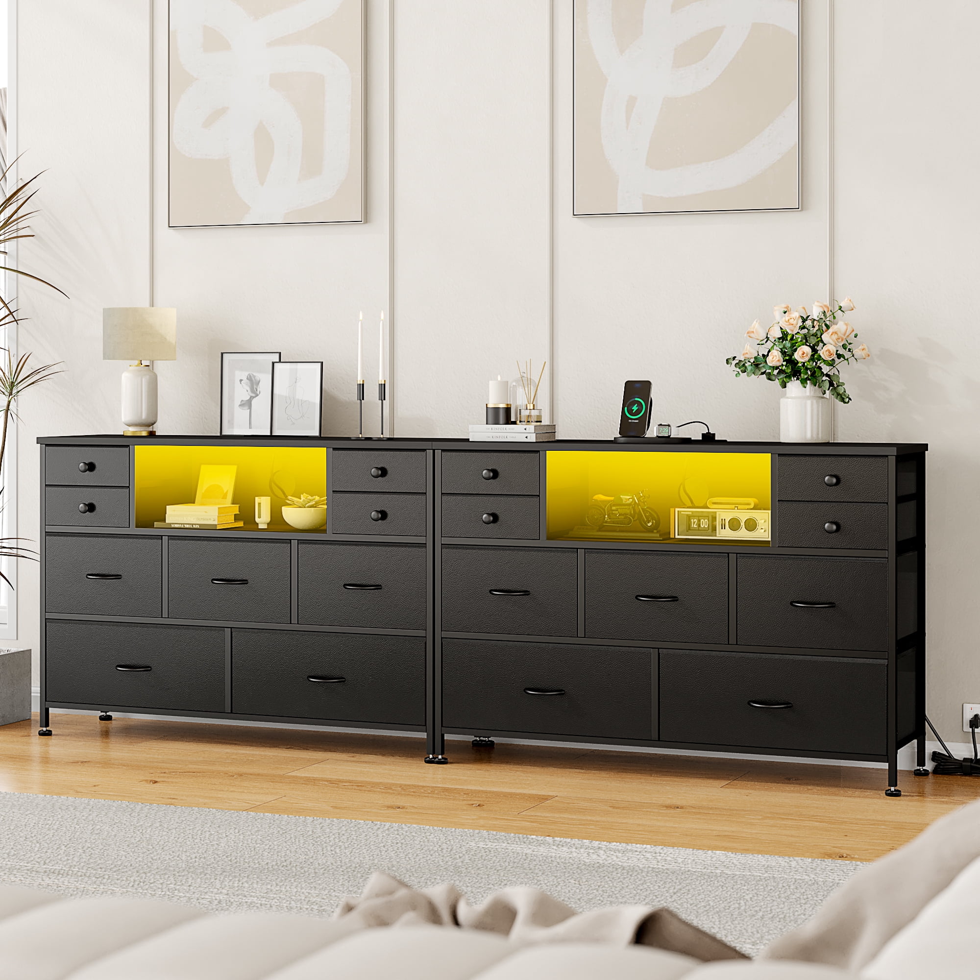 GIKPAL Dresser TV Stand for Bedroom, Black Dresser with LED Lights and Charging Station, Modern Dressers Chest of Drawers with 9 Storage Drawers for Living Room