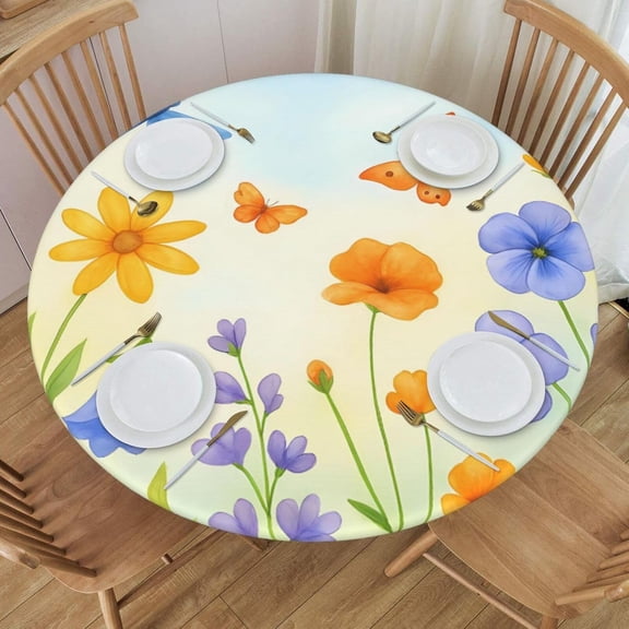 Spring Watercolor Flower Dragonfly Butterfly Round Tablecloth Farmhouse Table Cover with Elastic Edge Washable Fitted Table Cloth for Kitchen Patry Outdoor Decor Fits 45"-50", Medium