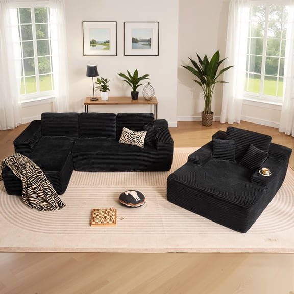XIZZI Modular Sectional Sofa Couch Set, Deep Seat L-Shape Upholstered Couch & Large Sofa Bed, Modern Minimalist Couches for Living Room, Bedroom, Left Chaise, Black - Plush Fabric