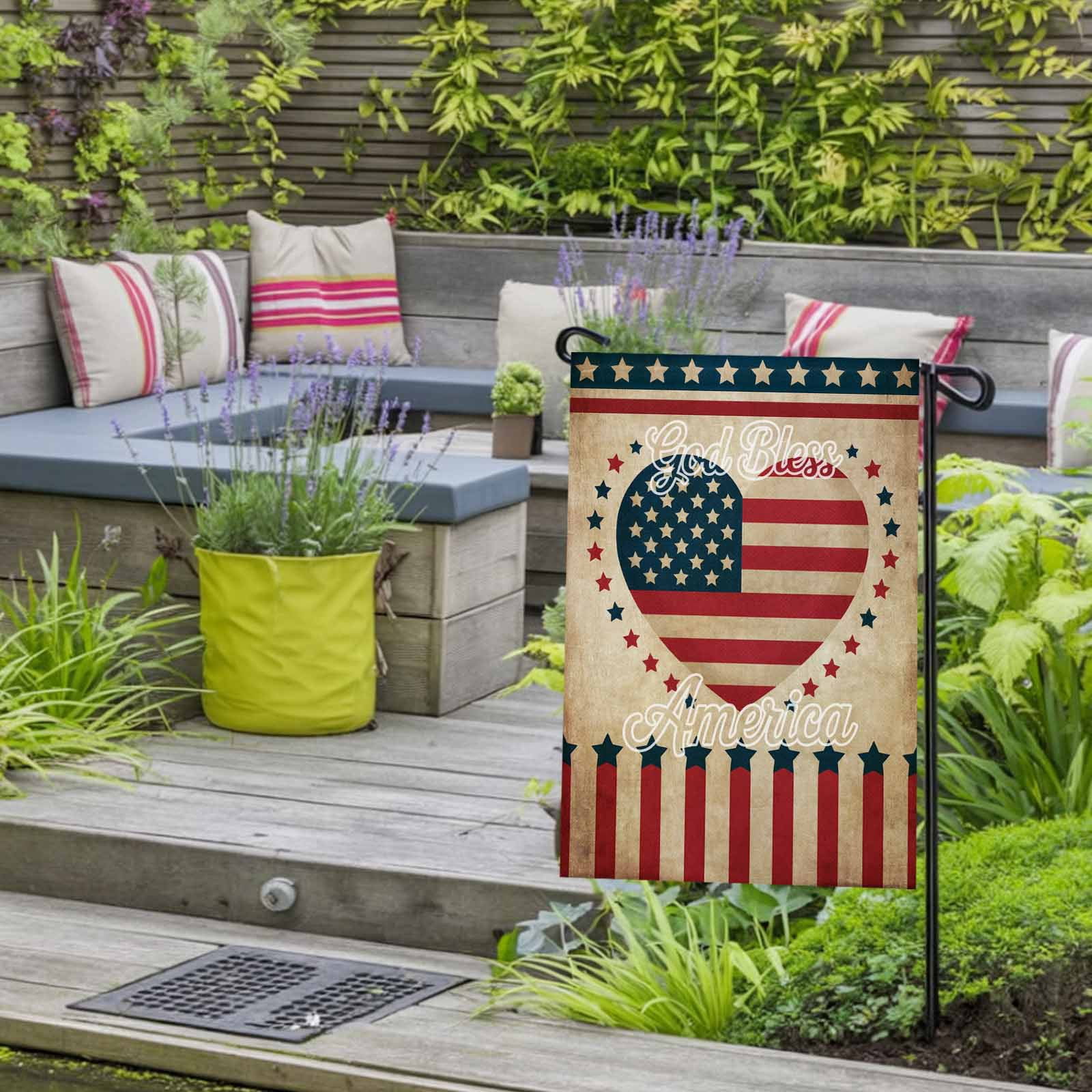 4th of July Garden Flags God Bless America Garden Flag Double Sided Welcome Flag Retro Patriotic Stars Stripes Heart Independence Day Yard Flags for Outdoor Lawn Porch Memorial Day Decor 28x40 Inch