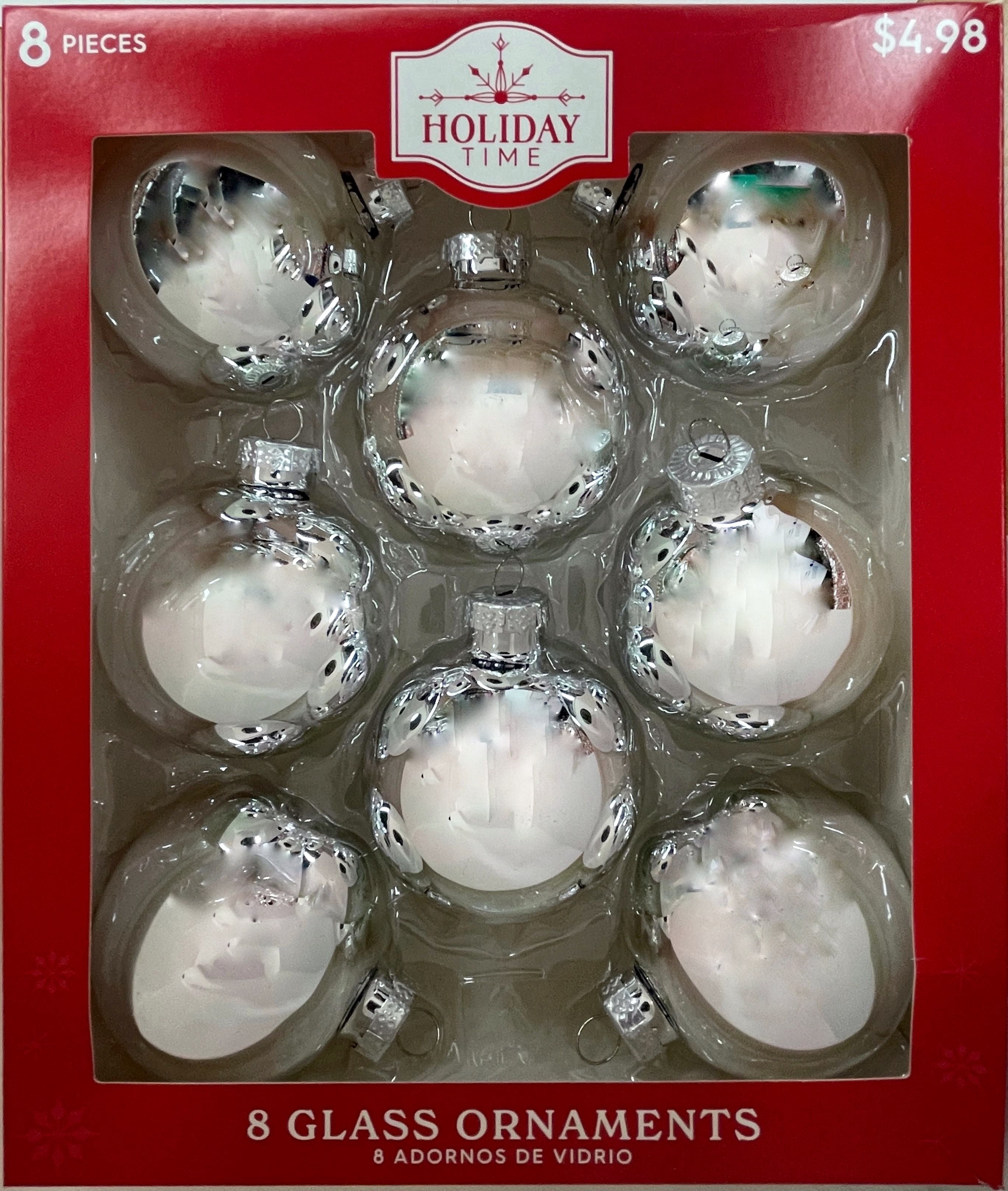 Holiday Time Christmas Solid Styles Glass Ball Ornaments, 2 5/8" (67MM), 8 Count, Boxed Glass, Blue/Silver