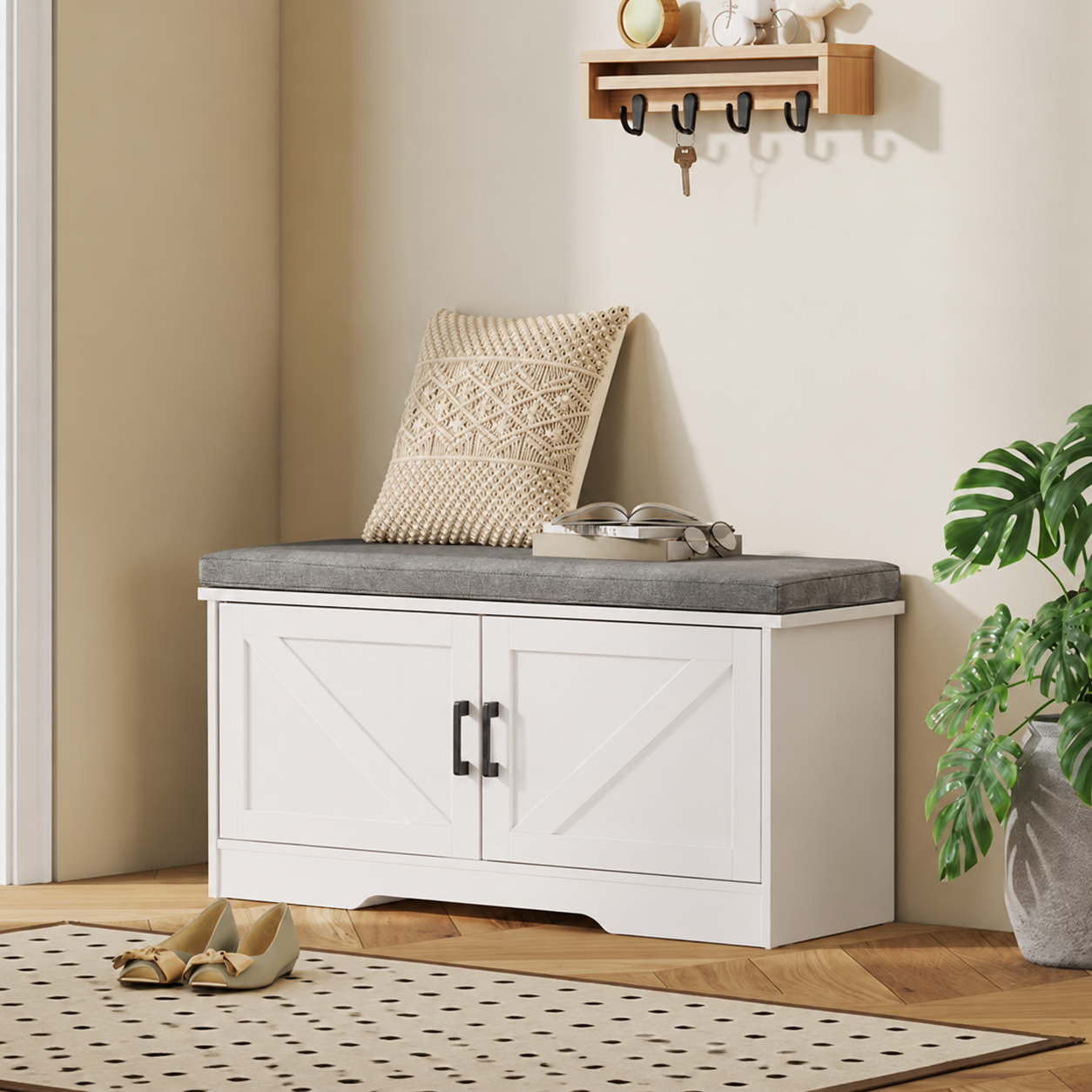 Concetta 39" Shoe Storage Bench with Cushion, White photo 6