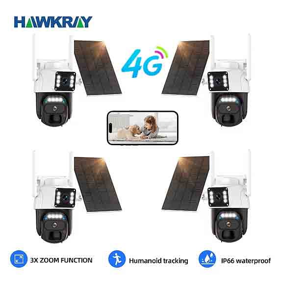 4PCS HAWKRAY 4G solar security camera does not need WiFi, 360 panoramic tilt dual-lens outdoor surveillance camera, 3 megapixel color night vision, sports spotlight and siren alarm, IP66 waterproof,