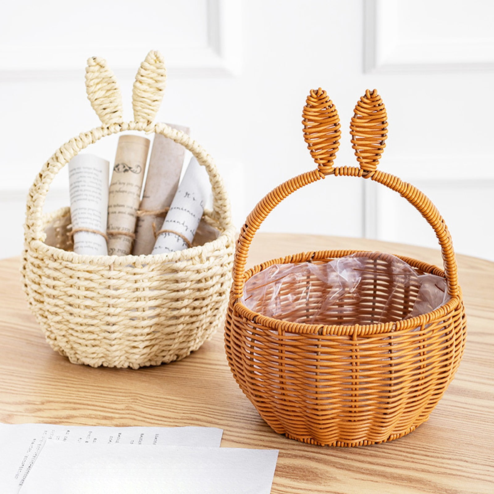 Woven Easter Basket with Handle, Bunny Easter Baskets, Easter Egg Hunt Carrier Baskets, Easter Woven Picnic Basket with Cute Rabbit Ears, Small Gift Wicker Wicker Storage Basket, Party Supplies