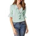 thumbnail image 3 of Allegra K Women's Ruffled V Neck Puff Elbow Sleeve Semi-Sheer Chiffon Blouse, 3 of 7