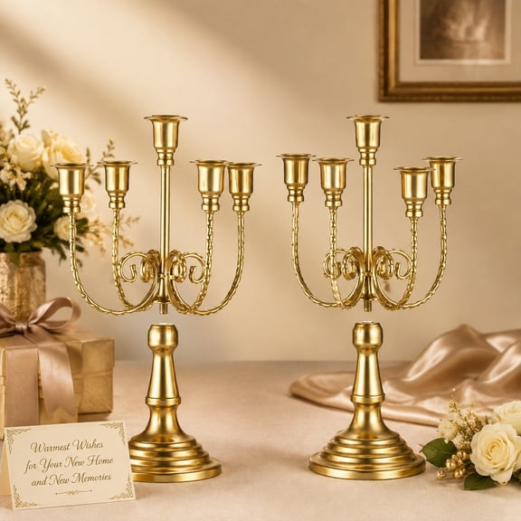 2 Pcs Gold Taper Candle Holders, Elegant 5 Arm Metal Candelabra Centerpieces for Women, Wedding Birthday Party Home Decor Table Decoration