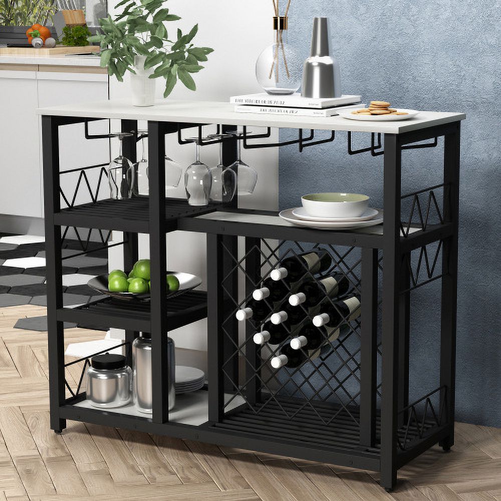 Aukfa Metal Wine Rack Table with Glass Holder Freestanding Wine Bar Cabinet for Kitchen-White