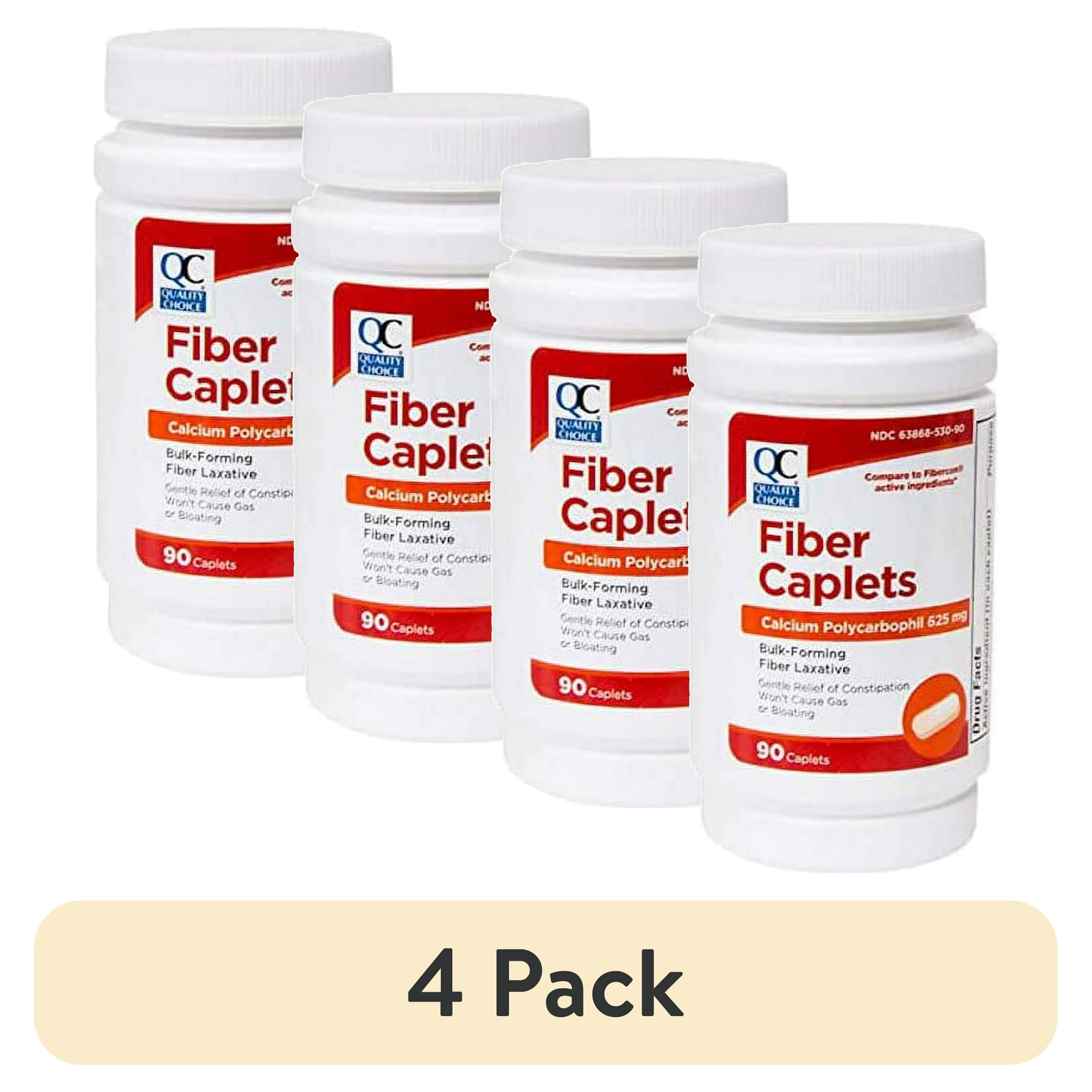 (4 pack) Quality Choice Fiber Therapy Caplets, Safe and Comfortable Constipation Relief Without The Gas and Bloating, Insolubale Fiber for Bowel Irregularity in a 90 Count Bottle of Caplets