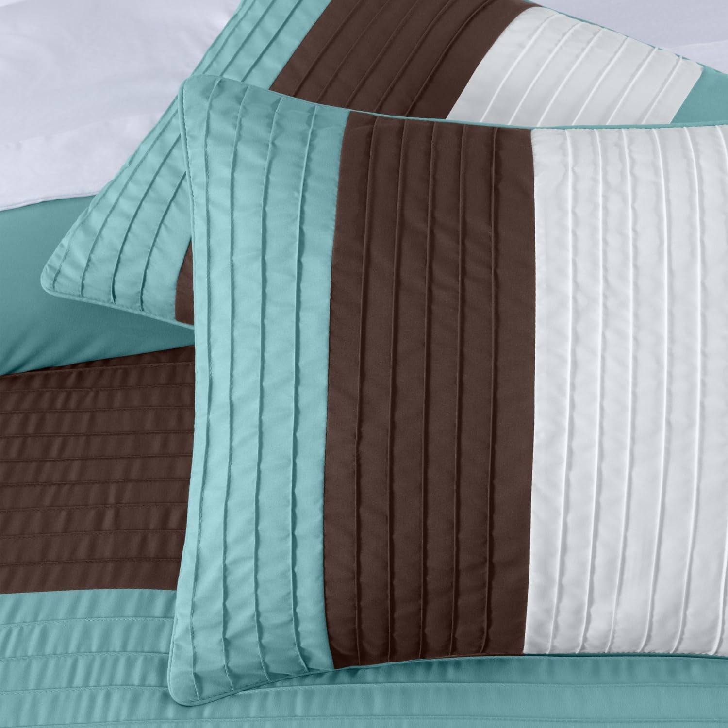 Chezmoi Collection Briar 7-Piece Queen Bed in a Bag Comforter Set with Sheets - Lightweight Comforter Blue Brown Beige Luxury Pleated Stripe Bedding Set for All Season
