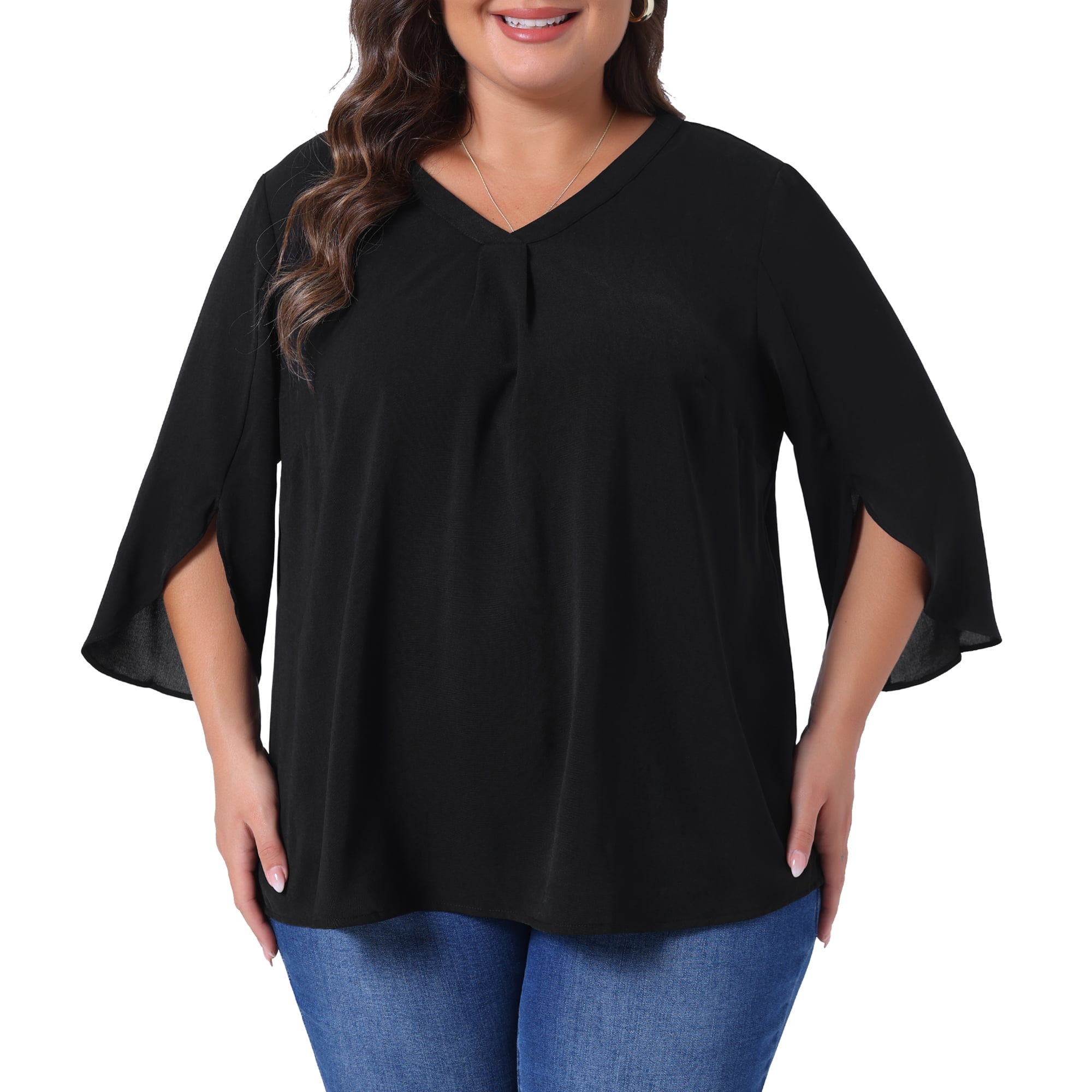 Women's Plus Spring Tops 3/4 Sleeve V Neck Chiffon Work Dressy Casual Shirt 4X All Black