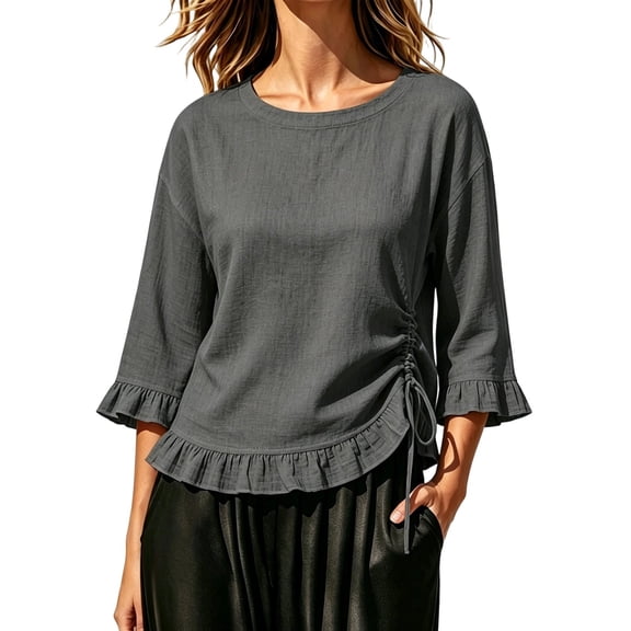 Tops for Women 3/4 Sleeve Round Neck Ruffle Side Drawstring Ruched Textured Casual Summer Blouse