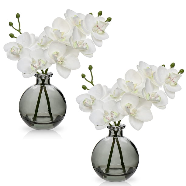 Flores artificiales Oairse de orquídeas blancas con jarrón de vidrio negro