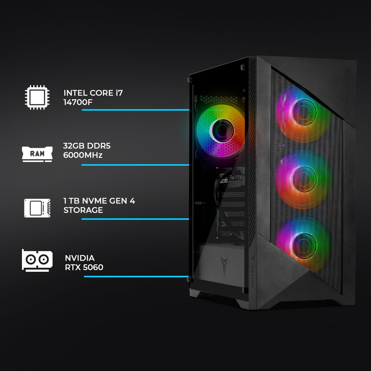 YEYIAN Gaming PC. Intel Core i7	14700F, NVIDIA RTX 5060, 1TB NVMe, 32Gb DDR5, 650W 80+ GOLD, Windows 11 Home. Model YPI-ED47F0C-5601U