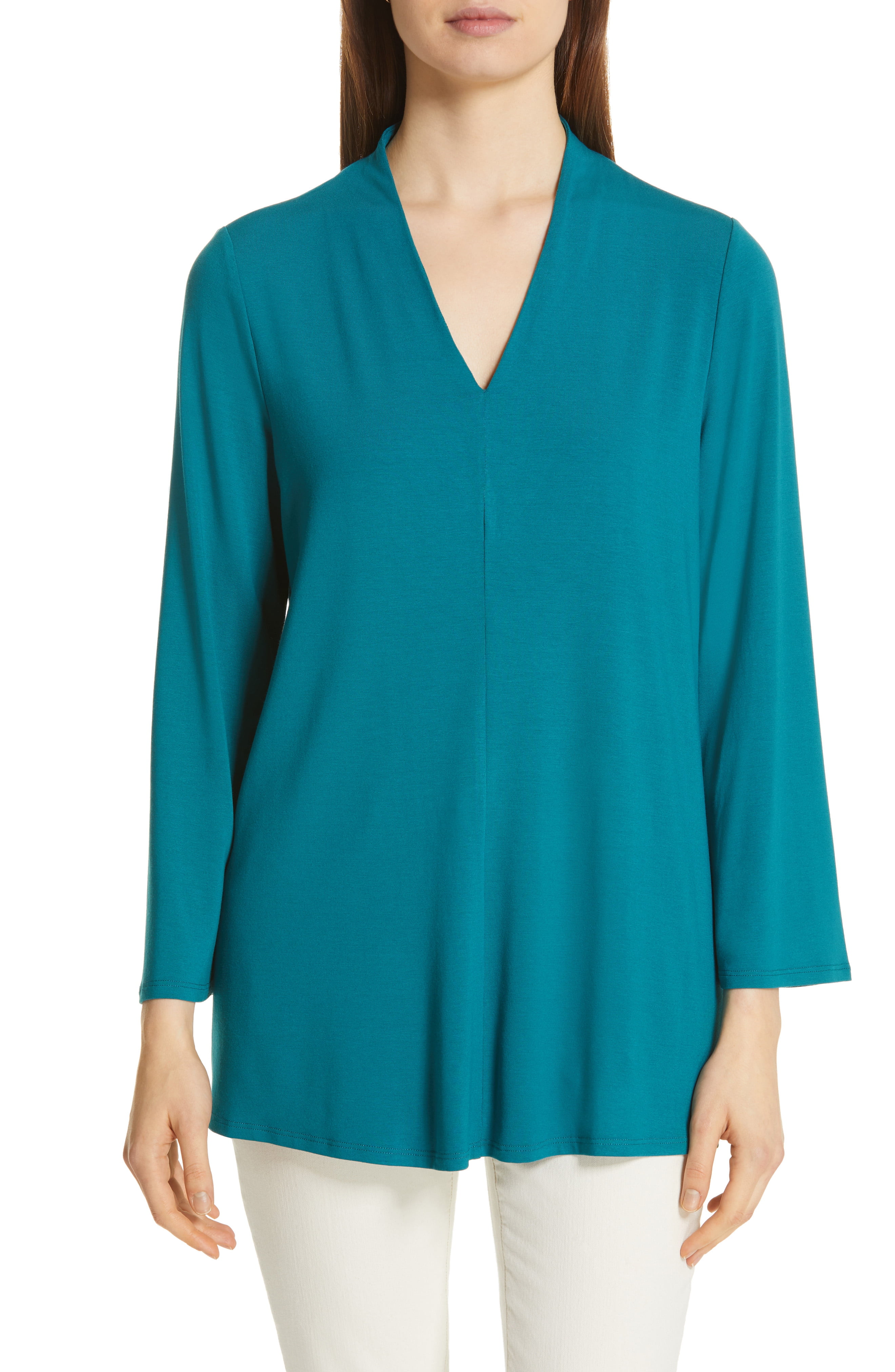 Eileen Fisher - Womens Blouse Teal V-Neck Jersey Tunic XL - Walmart.com ...