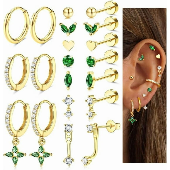 10 Pairs Gold Silver Earrings for Women Stud Hoop, Hypoallergenic Flat Back Earrings Cartilage Helix Tragus Conch Earring Set With Green CZ Stud Huggie Earring Stack for Multiple Piercing
