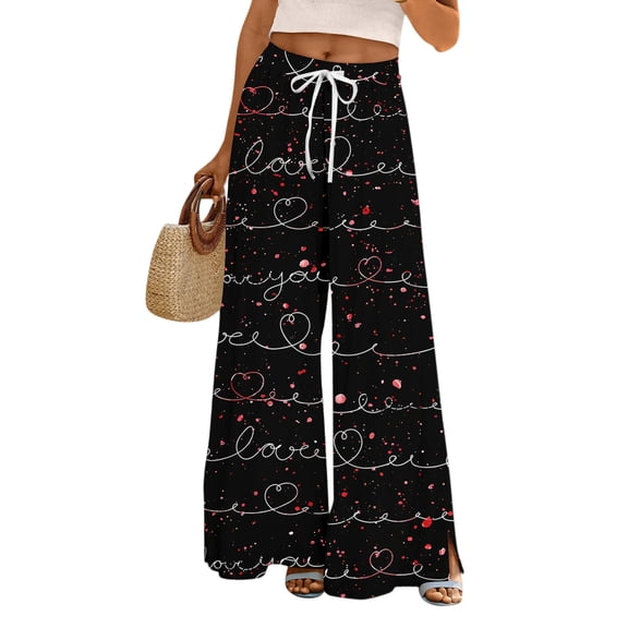 LWavelet Comfort Fabric Love Print Wide Leg Pants Women Valentine's Day Lounge Wear Black XXL