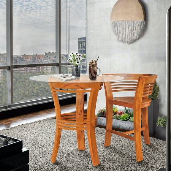 Waxed Teak Wood Half Moon Indoor/Outdoor Dining Bar Table with Glass Top, A-Grade Teak Wood