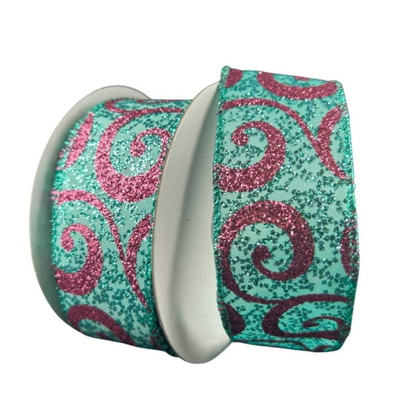 1.5" Pink Glitter Swirl Ribbon: Teal (10 Yards)