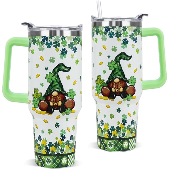 40 oz St Patricks Day Tumbler with Handle - Stainless Steel Insulated Coffee Travel Mug, Lucky Gnomes & Shamrock Irish-Themed Cup - Saint Patricks Decor Gifts