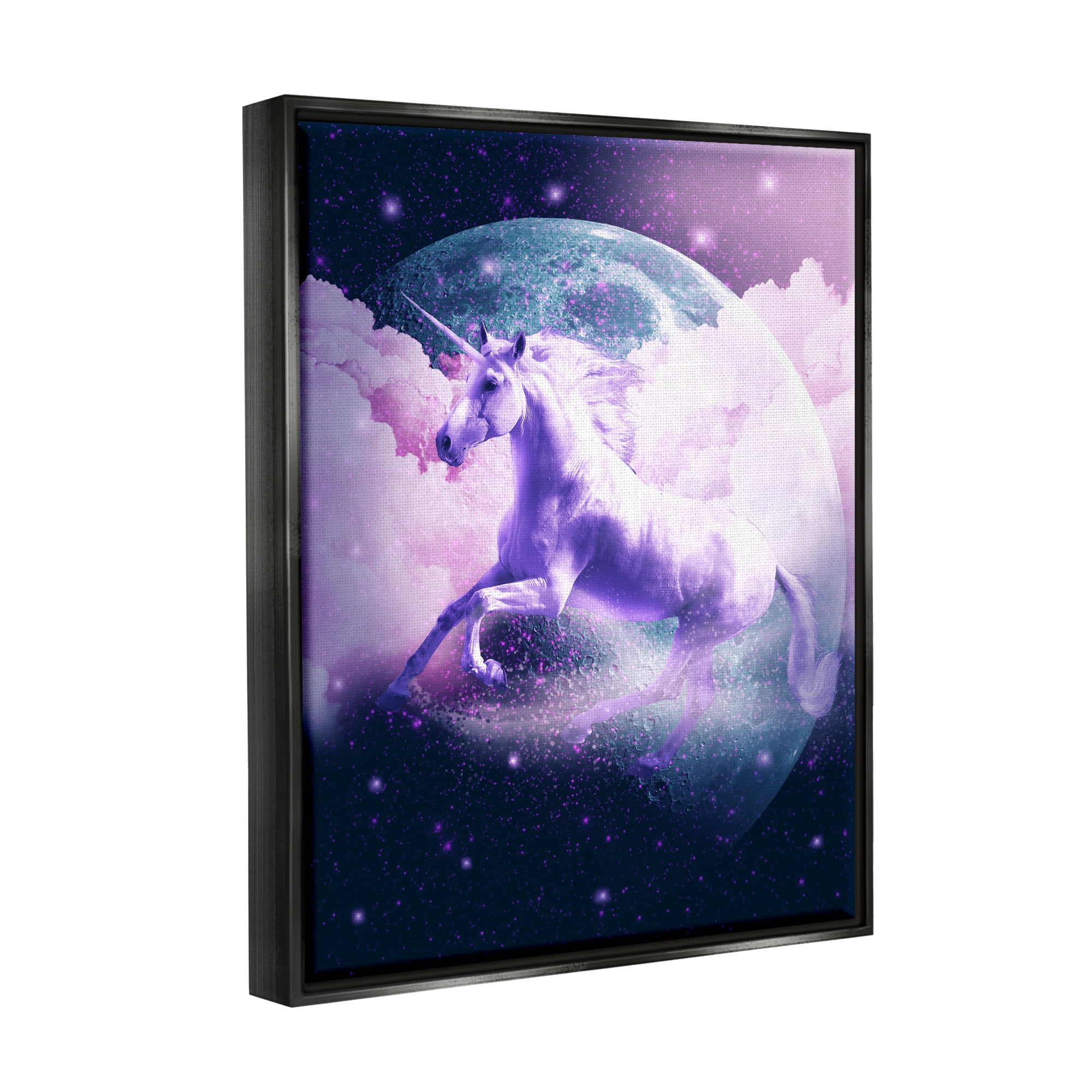 Stupell Industries Unicorn in Outer Space Fairy Tales & Fantasy Painting Black Floater Framed Canvas Art Print Wall Art, 25 x 31