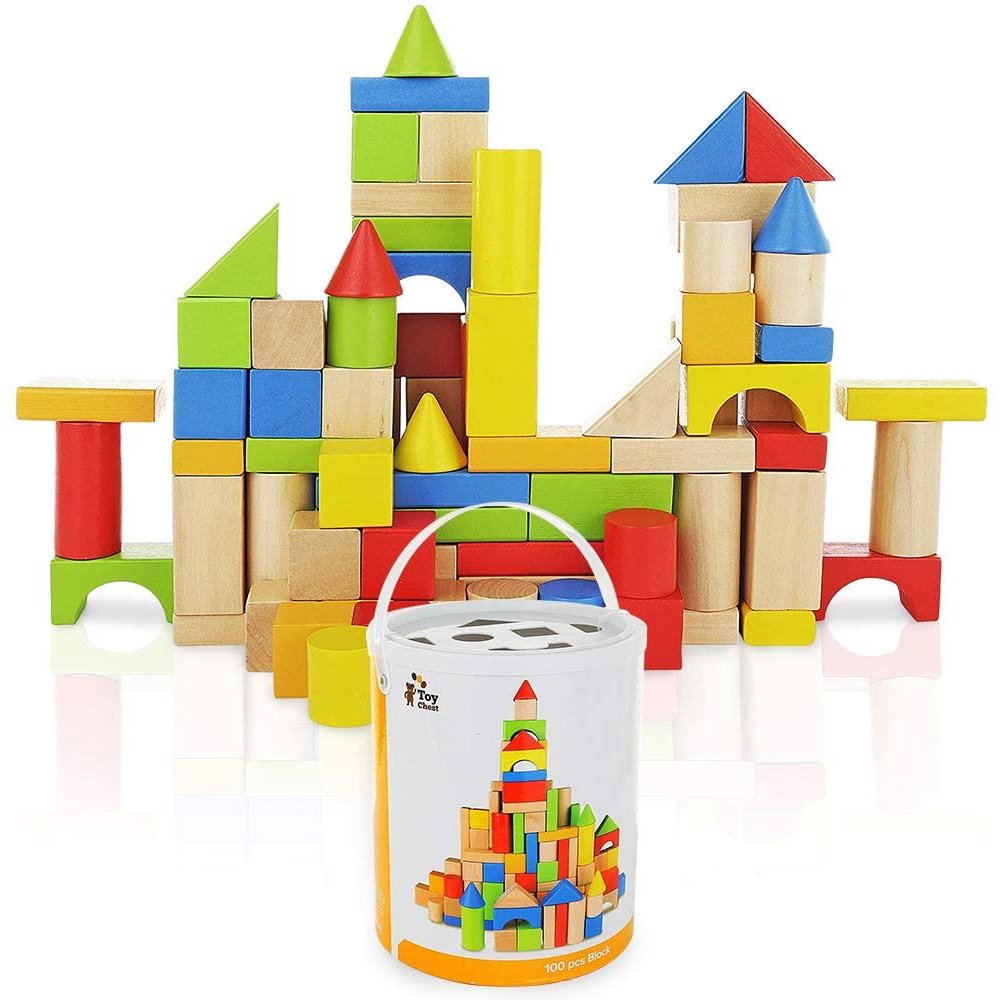 Wooden Building Blocks Set 100 pc for Toddlers Preschool Age
