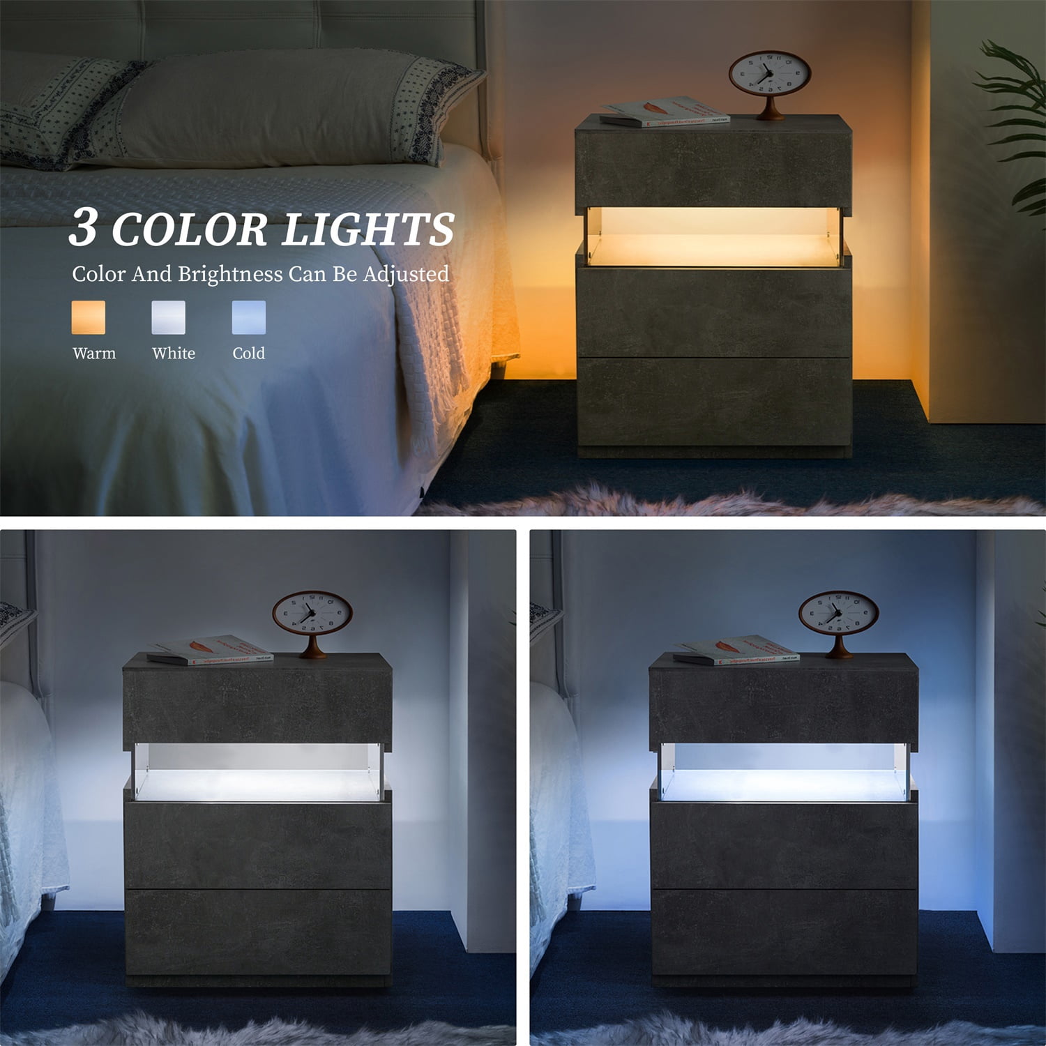 Hommoo 3 Drawer Dresser LED Nightstands, End Table Bedside Tables for Bedroom, Living Room, Gray