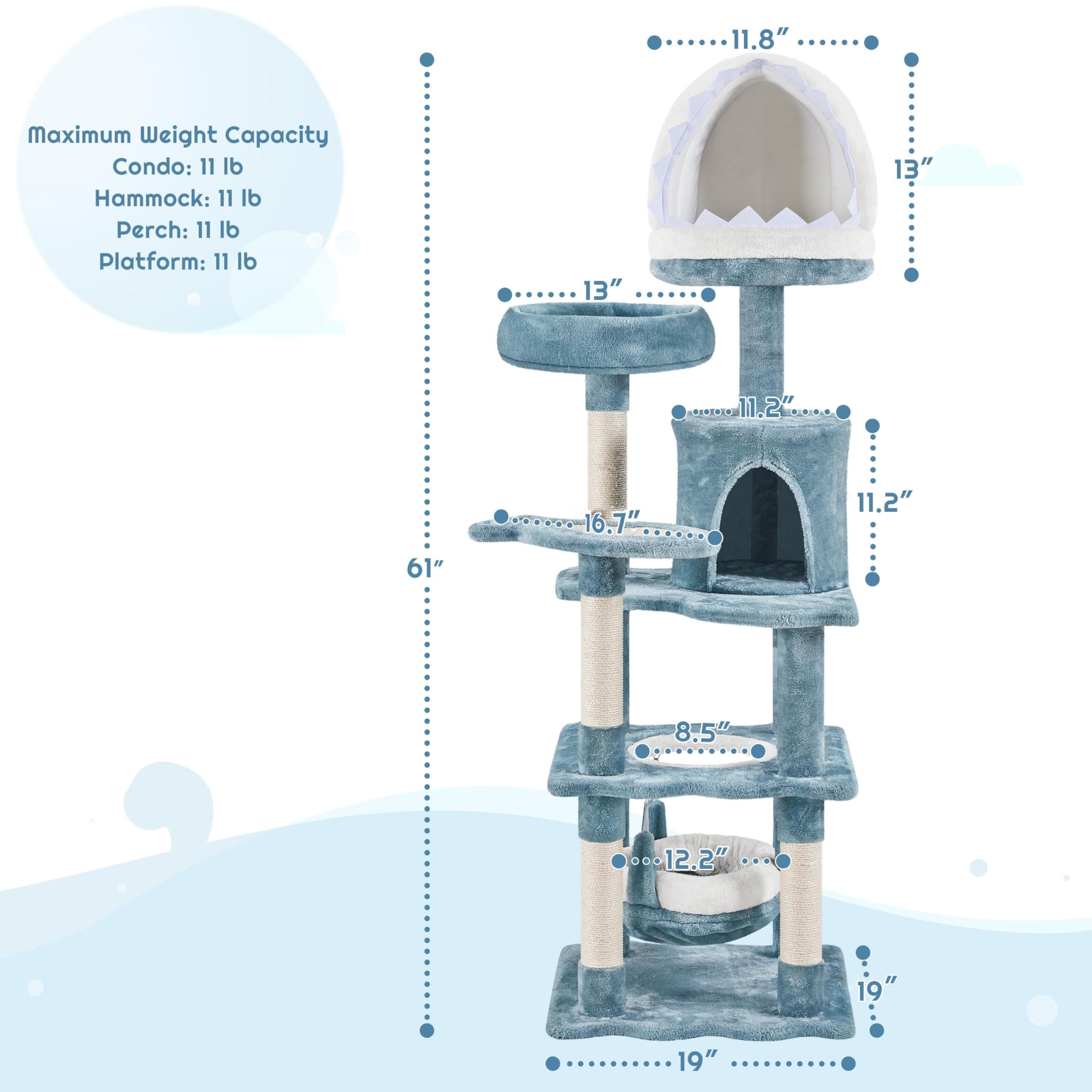 Multi-Level Cat Tree Ocean Theme 61in Tall Climbing Tower with Sisal Scratching Posts Shark Perch Condo Round Entrance Hammock for Indoor Cats, Blue