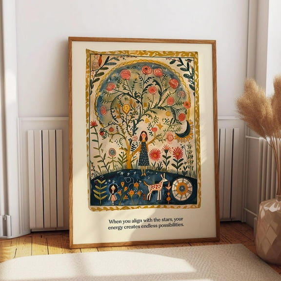 Folk Art Tree Of Life Print - Celestial Nature Garden Wall Decor - Bohemian Sacred Tree Folklore Art Poster Wall Art, Modern Wall Decor, 8x12 UNFRAMED