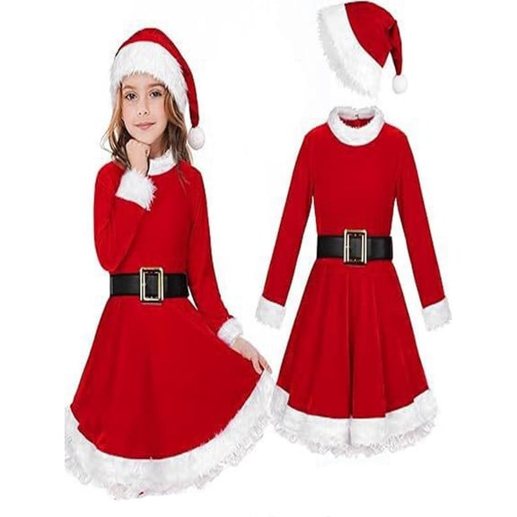 Children's Christmas Solid Color Colored Santa Claus Dress Long Sleeved Round Neck Dress Apparel