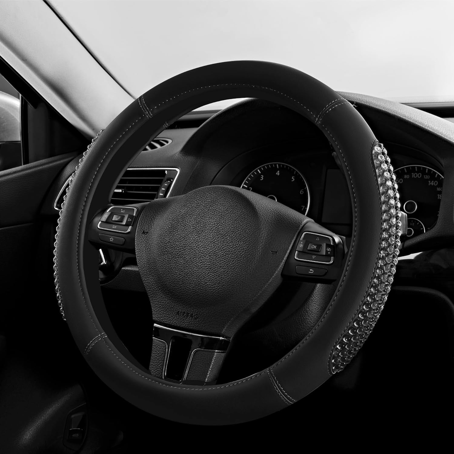 Gel Particles Steering Wheel Cover, Black Luxury Leather Car Steering Wheel Protector, Universal Fit 14.5"-15.5" Anti-Slip Car Interior Accessories for Girls & Women