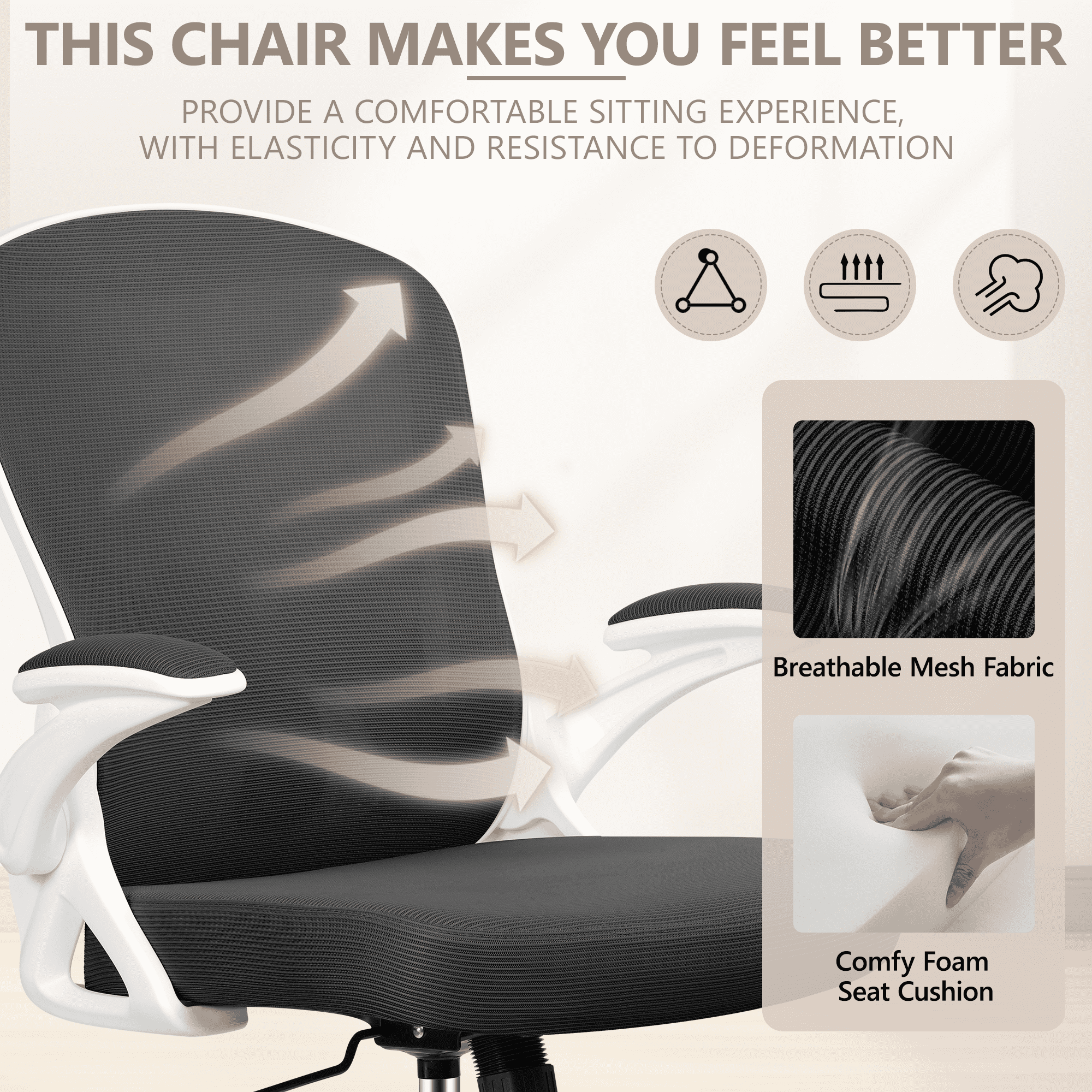 ATHOPE Office Chair, Ergonomic Desk Chair with Flip Up Armrests, Height Adjustable Computer Chair with Lumbar Support, White