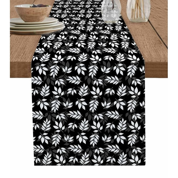 White Leaves Table Runner Cotton Linen 60 Inch Holiday Dresser Scarves, Black Vintage Spring Botanical Leaf Plants Tablerunner for Kitchen Coffee Dining Bedroom Dinner Scarf Décor 13''x60''