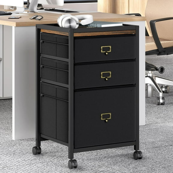 3 Drawer File Cabinet, Mobile Filing Cabinet Fits Letter Size or A4, Fabric Vertical File on Wheels, Home Office Small Under Desk Storage, Black