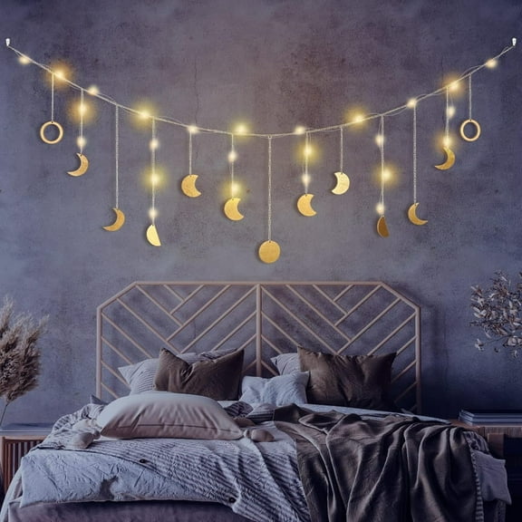 Boho Chic Moon Phase Wall Decor Set, 13-Pc, Celestial Gold Wood Garland