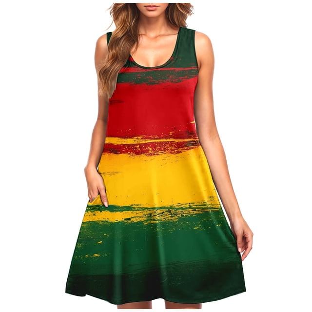 Vestido Casual de las Mujeres sin Mangas en Gradiente Cuello de Tripulación, Vestido Ligero de Primavera Y Verano de Poliéster