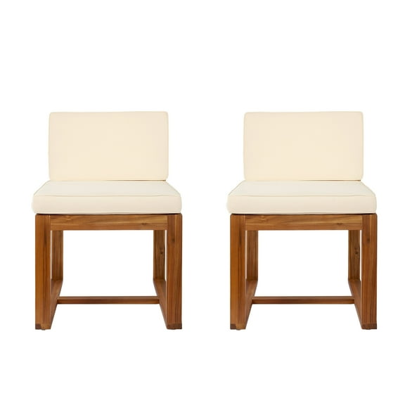 Kynora Modern Outdoor Patio Dining Chairs with Cushions, Acacia Wood, Beige Teak, Set of 2