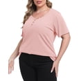 thumbnail image 3 of Gocolloa Womens Plus Size Button Up V Neck Tops Short Sleeve Ribbed T Shirts Summer Loose Dressy Tunic Pink 3X, 3 of 7