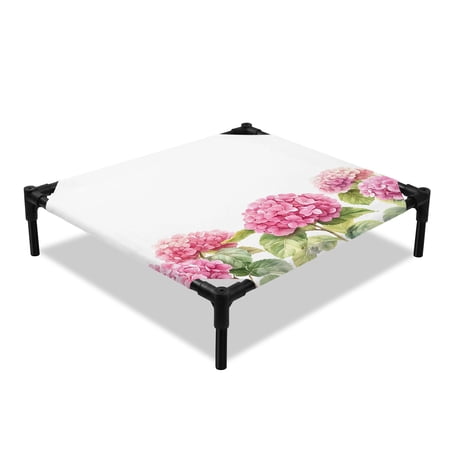 Spring Florals Elevated Dog Bed Pink Hydrangea Cooling Breathable Outdoor Raised Dog Cot Bed with Metal Frame Non-Slip Feet for Small Dog 20x20in
