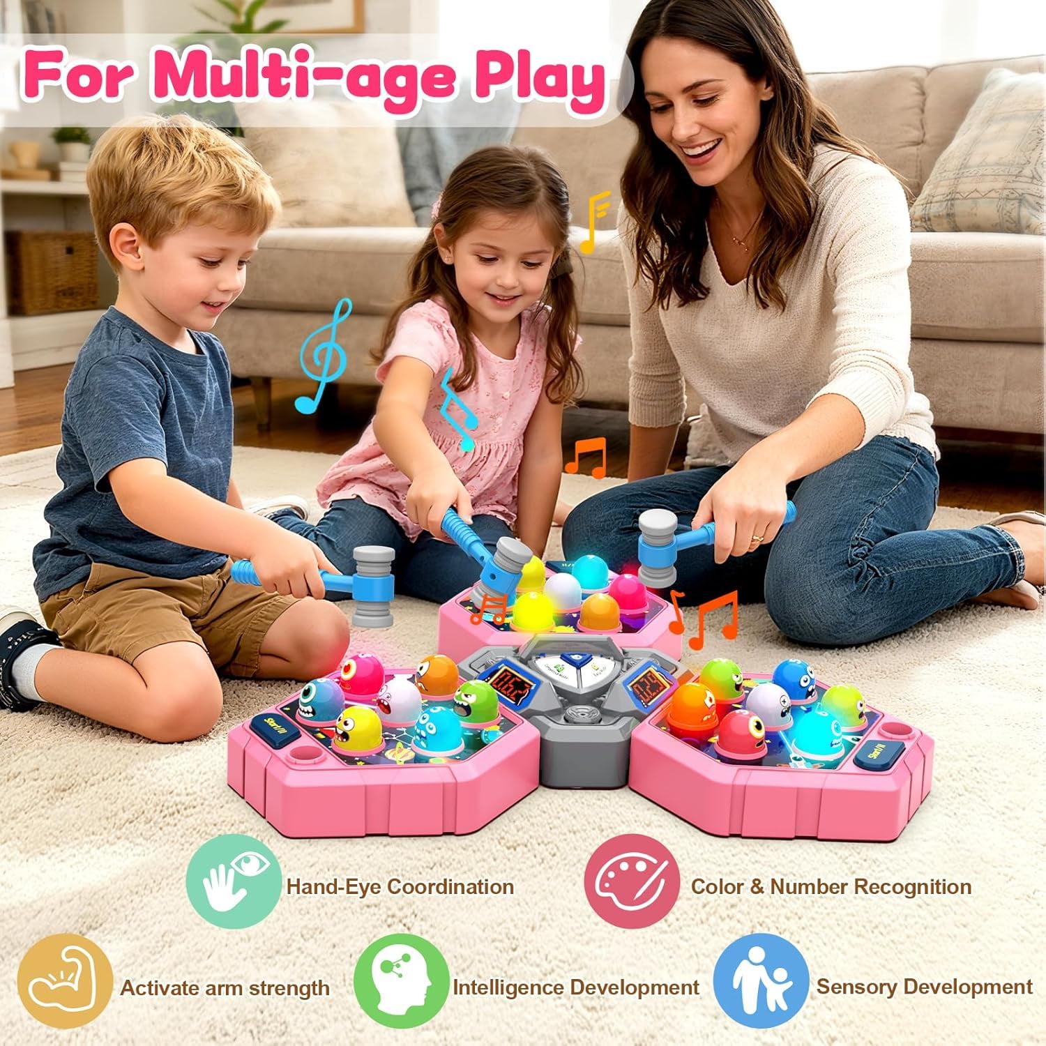 3-Player Whack Game Mole Toy for Ages 3+, Early Learning Toy with Lights & Sounds, Interactive Pounding Hammer Toy with 3 Game Modes, Perfect for Families