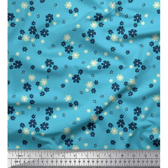 Soimoi Blue Cotton Duck Fabric Artistic Floral Printed Fabric 1 Yard 42 Inch Wide